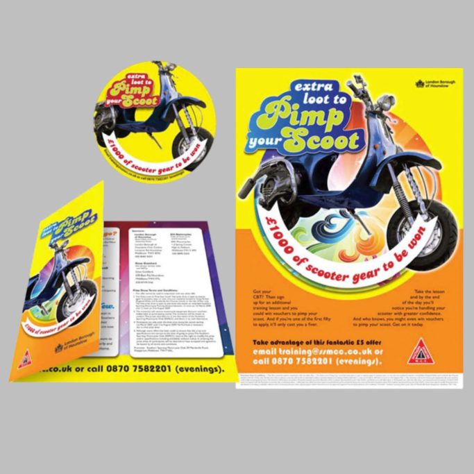 Visual of a poster, leaflet and sticker for 'Pimp your Scoot'