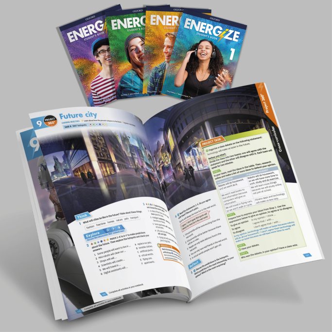 Four different Energize level covers and one spread of the inside pages.