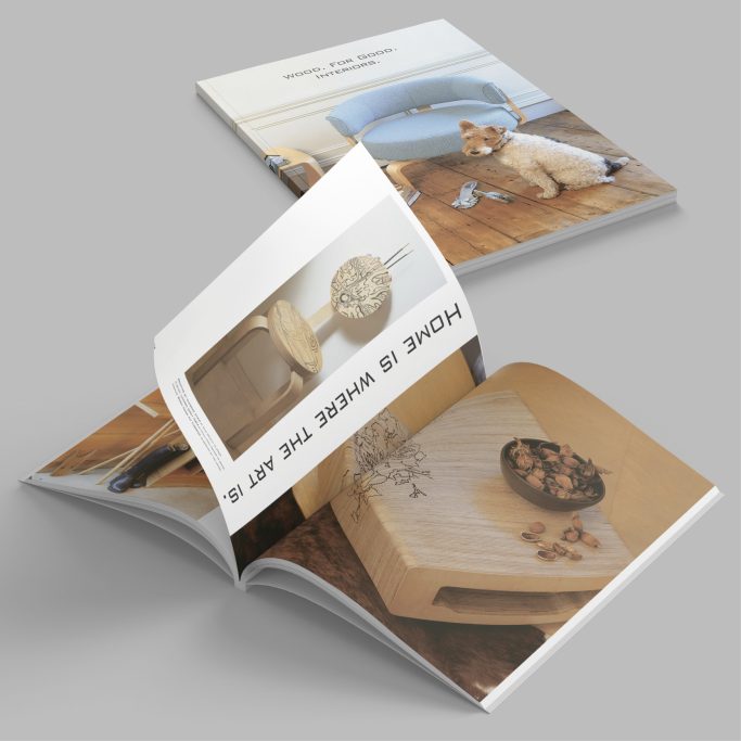 Wood. For Good. brochure cover and inside pages feature great layouts and typography to complement the styled wood interiors.