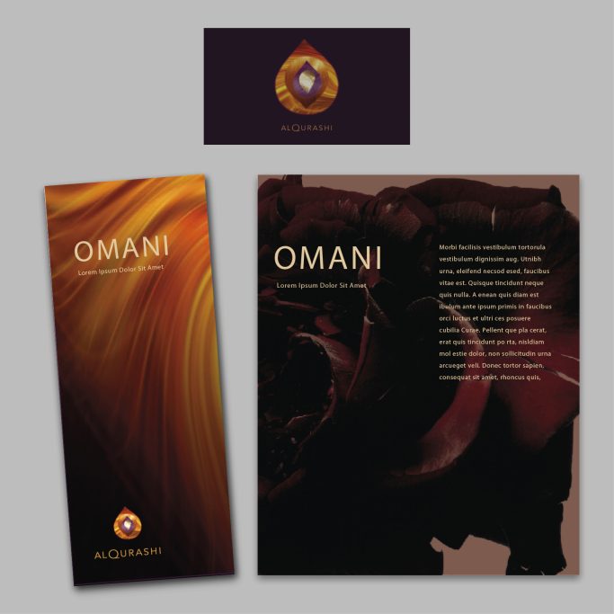 Al Qurashi logo and leaflet. The logo is a droplet shape created with mixed media to emphasise the blending aspect.