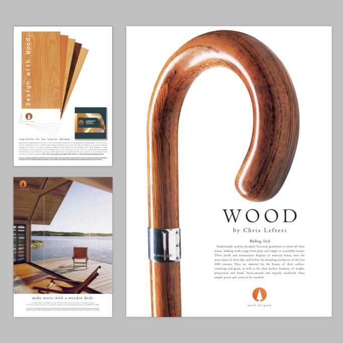 Visual shows three Wood. For Good. adverts