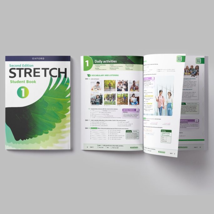 Level 1 cover and spread of the inside pages for the Stretch Secondary course book.